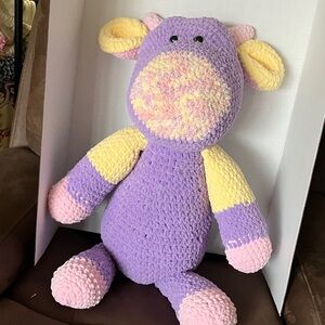 Hand crocheted Purple and Yellow Plush Cow. New.
